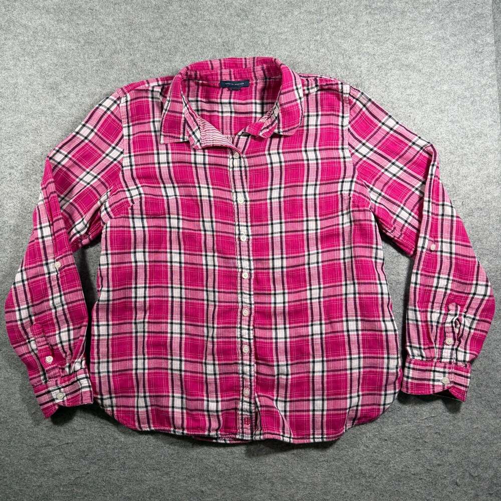 Tommy Hilfiger Plaid Shirt Womens XL Pink 100% Cotton Button Down Preppy Casual